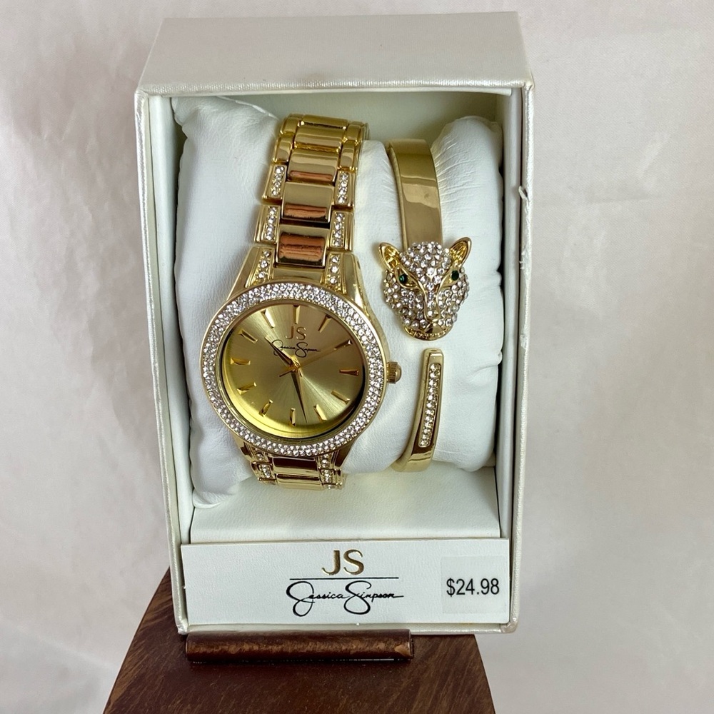Jessica Simpson Gold Tone Watch Crystal Lion Head Hinged Bangle Bracelet Set NEW